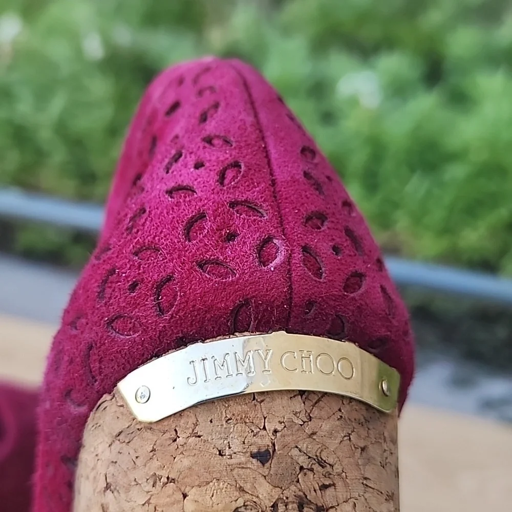 JIMMY CHOO 'PAPINA' BERRY WINE SUEDE CORK WEDGE Size 40